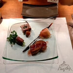 ビストロ　アギャット - 左から自家製鴨生ハムと天然クレソン　イチジクのキャラメリゼ　イベリコ豚生ハムとラ・フランス　鴨フォアグラのソテー