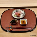 御料理 寺沢 - 赤貝と若鰤に真鯛の造り