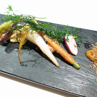 ライラ -  オードブル　色々な野菜のグリル　島人参と人参の葉　揚げた牛蒡と人参のピュレ