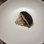 ル クーリュズ - 平松さんの原木椎茸、蕎麦の実のリゾット、自家製塩麹漬けベーコン