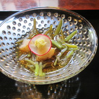 葉山 日影茶屋 -  茶屋膳ランチコース（先付：新じゅん菜、帆立貝）￥５０００＠’１４．５．下旬