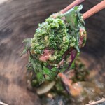 レヴォ - ⑨炭焼き月輪熊熟成赤身肉(富山県産、専属猟師仕留め、自店工房での血・内臓抜・解体)、金時草、菊芋、自家製ドライ蕃茄(トマト)のセック、高菜のピューレ和え、月輪熊のコンソメ&蜂蜜のジュレ添え