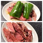 長秀屋 - ロース 1,320円・ハラミ 1,210円　税込価格　　　　２人前まで１皿で提供され、１皿目ピーマンあります　上:提供時　下:ピーマン取りました