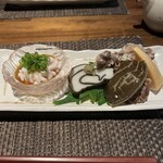 目白　咲き - 白子ポン酢、右がすっぽんの煮物