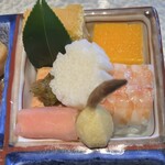 278431932 - 厚焼き玉子、九十カステラ、鮟肝ちり酢、生ハムチーズ、海老寿司、姫慈姑、雪輪長芋