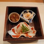 鮨 囃子 - タラ白子 イカ沖漬け かぶの煮物