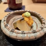 炭火割烹 いふき - 先付ー煮鮑(東北)の雲丹のせ