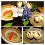 大どころ - 土佐酢のジュレ（秋田のジュンサイ入り）＆クリームチーズと奈良漬の酒粕＋いぶりがっこ。 
      