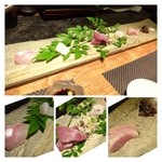 大どころ - お刺身盛り合わせ・・・懐かしいこの盛り方。 
      この日は「真鯛・ヤリイカ・鰹・穴子（軽く炙ってあります）・金目鯛・鰯の炙り」など。 
      どれも美味しいですが「鰯の炙り」が脂がのって美味しいこと。 