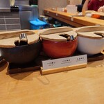 天ぷらめし 金子半之助  - おつまみ3種。つぼ漬け、いか柚子、高菜明太。