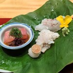 おおたに - お造り：鯛の松笠造り、鱧の焼き霜造り、鮪のお造り。