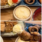 小料理 つばめ - ピクルスの代わりに自家製の塩らっきょで作ったという
タルタルソースをつけていただきますと…
更に美味しく…白いご飯がめちゃくちゃ進みます！！
これは美味しい〜！╰(*´︶`*)╯♡