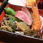 温鮮酒場 ちょんまげ - あけおめセットの海老、ローストビーフなど