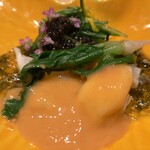 はらまさ - 伊勢海老様♡このこがけ・京都の壬生菜とキャビア添え