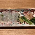 はらまさ - ヒラメの刺身と薬味（山葵・葉山葵・茗荷・芽葱・赤水菜）