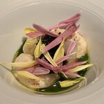 レストラン ラリューム - 聖護院蕪のブランマンジェと春菊のクーリー　トラフグの焼き白子とオシェトラキャピアを乗せて