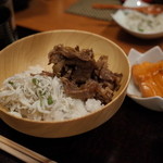 赤坂 きた福 - ご飯のお供に牛肉しぐれ煮、釜揚げシラス、焼き魚 2014.6.x