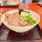 あづま - 湯気を上げた「温かい肉ぶっかけうどん」が目の前に鎮座する。 艶やかな麺と、甘辛い肉、彩りを添えるネギとおろしが、視覚からも食欲を刺激する。  