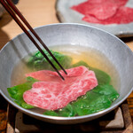 肉割烹 上 - しゃぶしゃぶ リブシン　縮みほうれん草　ポン酢 柚子胡椒