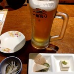 博多もつ鍋 いっとく家 - まずはビ━ルで、前菜を頂く。