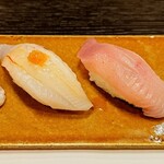 海鮮割烹 朝日 - にぎり寿司（カンパチの炙り・バトウ鯛・ヨコワマグロ）