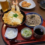 和食麺処 サガミ - 大海老天のふわたま丼と麺（ざるそば）