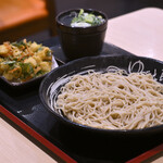 ゆで太郎 - 料理写真:もりそば＠税込430円、小柱と春菊のかきあげ＠税込380円