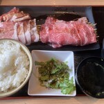 蔵 - 料理写真:「能登応援定食（能登牛スライスカルビ、能登豚ロース、沖縄豚バラ、プレミアム卵）」
