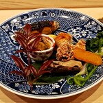 280394148 - 鰆の幽庵焼き、鮑、カラスミ、