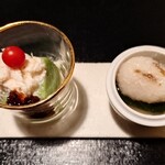 日本料理 馳惣 - 菜花豆腐蟹和え、雪うさぎ蕪蒸し