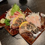 旬菜旬魚 天狗 - 刺身盛り合わせ　サワラ・マダイ・カツオ・寒ブリ