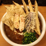 麺匠 釜善 - (温)カレーうどん（特盛） + 今日の天ぷら（粗びきウインナー天） + ごぼう天 + なす天 + 舞茸天
