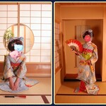 瓢亭 - 紫陽花のかんざしだったので着物も水色と帯は緑色にしました。