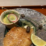 おい河 - 芽キャベツ酢味噌　キンキの松笠焼き