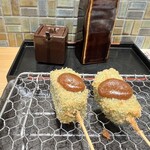 串揚げ アガルコメ。 - よもぎもち&田楽？最後の串でした！