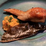 HIGASHITANI  - 雉の手羽 熊 金柑と卵黄のタルタル 桜の葉塩漬け