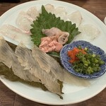 左々舎 - 薄造り、昆布締め、肝、胃袋のお刺身