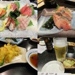 蔵元居酒屋 清龍 - 刺し盛り5点￥780/真あじ刺身￥300/穴子と白身魚天ぷら￥350/飲みかけ生ビールとお通し￥150