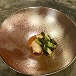 スープとカレー ボンジョルネ - ●温前菜フグの白子のムニエル焦がしバターのトマトソース焦がし九条ねぎと共に