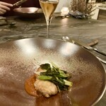 スープとカレー ボンジョルネ - ●温前菜フグの白子のムニエル焦がしバターのトマトソース焦がし九条ねぎと共に