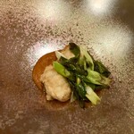 スープとカレー ボンジョルネ - ●温前菜フグの白子のムニエル焦がしバターのトマトソース焦がし九条ねぎと共に