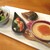 SUSHI てさく - 料理写真:前菜 四点盛り ： ① キノコと小松菜のお浸し。　② 海老と胡瓜、海老だしと豆乳ソース。　③ 帆立茶碗蒸し、梅肉。　④ 鯖 燻製。紫玉葱甘酢。