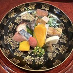 日本料理 別府 廣門 - 八寸〜セロリもろみ味噌、かぼちゃ、蕎麦カステラ、鮎甘露煮、トコブシ肝蒸し、かぶ酢漬け、焼き芋団子、ほうれん草白和え、うなぎ煮凝り、カラスミ大根、タコ煮、蘇、芽キャベツ、〆さば