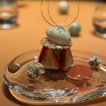 モノリス - 10皿目
      苺、ピスタチオのムース、カルダモン風味のミルクのアイス、アマゾンカカオを使ったビスキュイ。