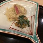 山玄茶 - ミスジ天ぷら、柿ほうれん草白和え