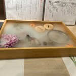 本格炉端焼き人夢叶思ひとむかし - お造り盛り合わせ　席で蓋を開けてすぐ