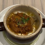 三輪亭 - 温前菜（温泉たまごにミートソース、ポルチーニ茸）