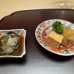 徳ㇵ本也 - 北海道あん肝　フグの昆布〆　福井の蒸し蟹（蟹味噌を和えて）　菜の花