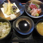 谷津家 - <'14/06/13>刺身３種と天ぷら定食（季節のご飯）￥１３９０＋￥１５０