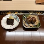 片折 - ご飯のお供に牛ごぼう八幡巻き、出汁で炊いた昆布、おしんこ